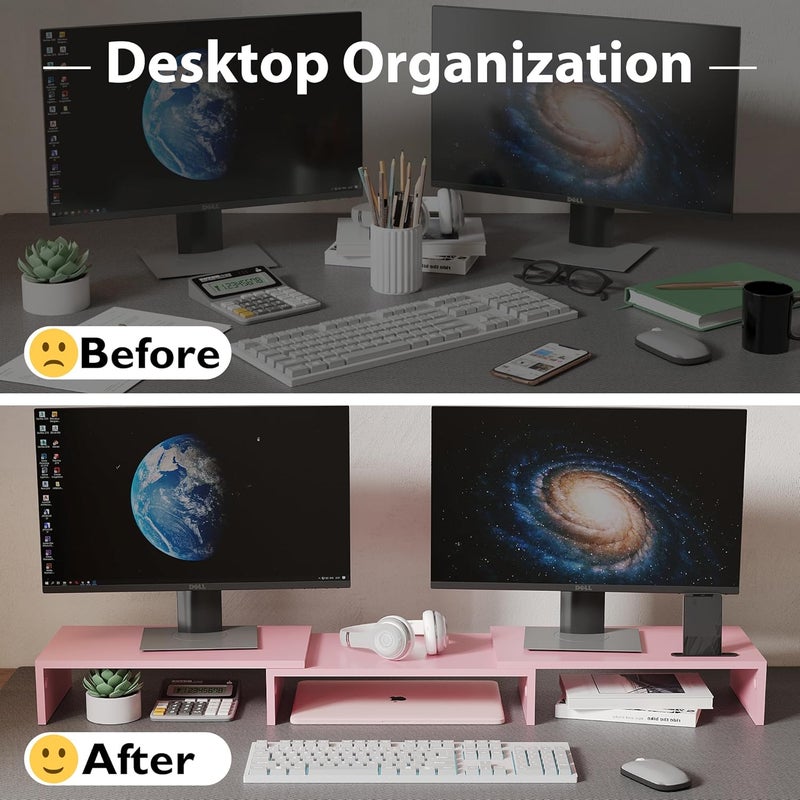 BONTEC Dual Monitor Stand Riser with Smartphone Holder, Adjustable Length & Swivel Angle, Ergonomic Wooden Desktop Organizer for PC Monitor, Laptop, Printer, Large Storage, Pink - Image 2